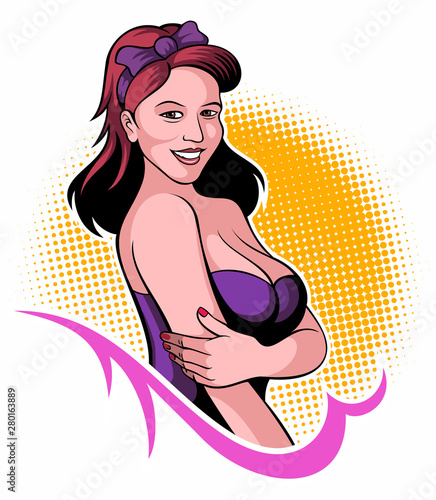 Comic book style, fifties style, pop art style smiling woman with ornament, vector image. 
