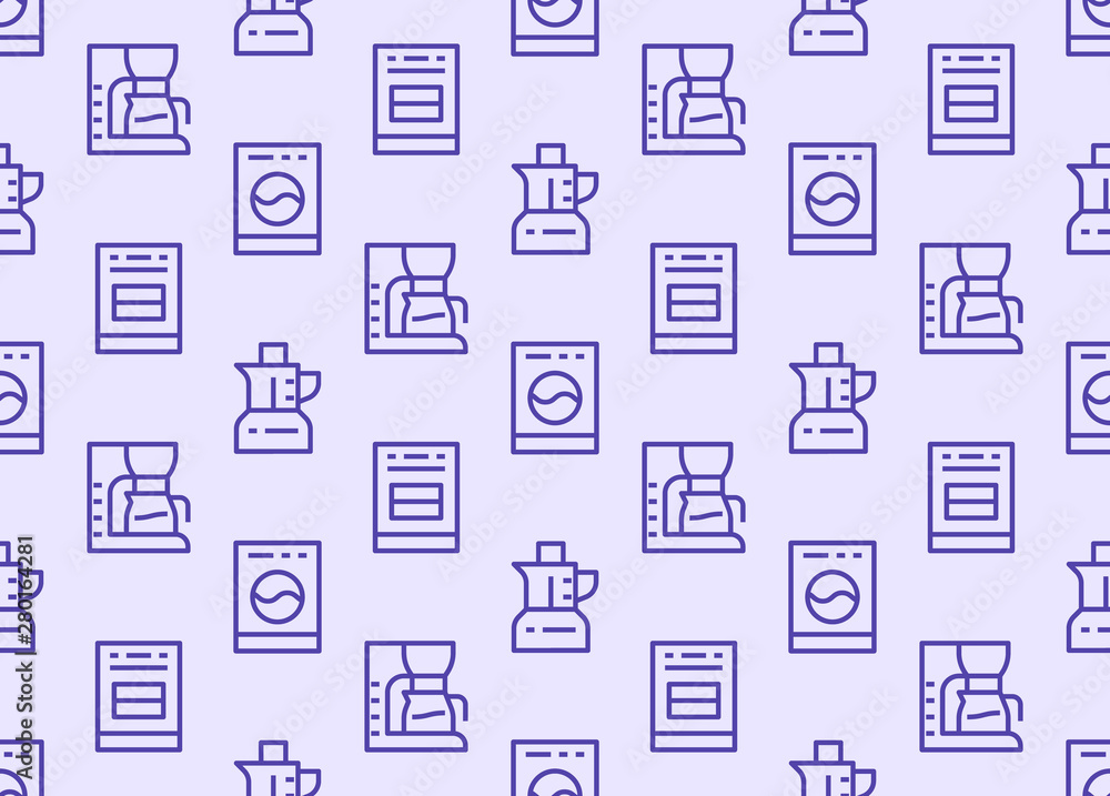 Household Appliances, Electronics Store Seamless Pattern with Line Icon. Vector Illustration Flat style. Included Icons as Stove, Coffee Maker, Washer, Blender. Purple Color Background