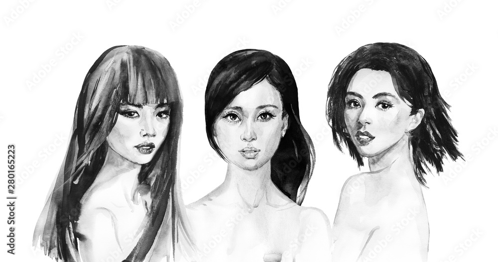 Hand drawn young asian women Hand drawn young asian women