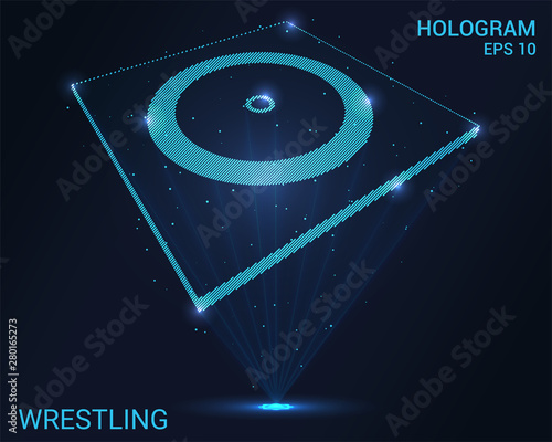 Hologram wrestling. A holographic projection of a classic wrestling. Flickering energy flux of particles. Scientific sports design.