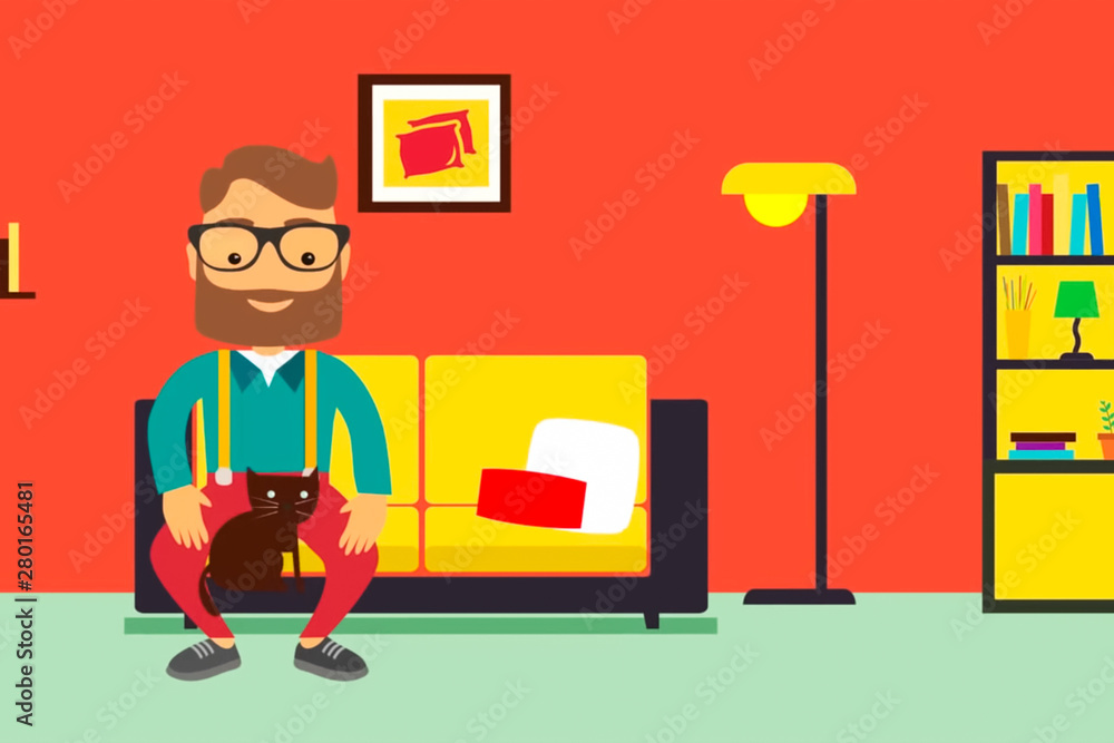 A man sits on the couch with cat in his apartment A man sits on the couch with cat in his apartment