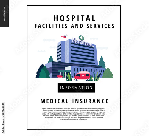 Medical insurance - hospital facilities and services - modern flat vector concept digital illustration - a hospital building with an ambulance car and a helicopter above, medical office or laboratory