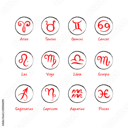 Vector set of hand drawn zodiac signs. Minimalistic zodiac circle icons on white background.