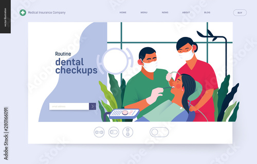 Medical insurance template -routine dental checkups - modern flat vector concept digital illustration of a dental procedure - patient, dentist checking teeth and nurse, the dental office or laboratory