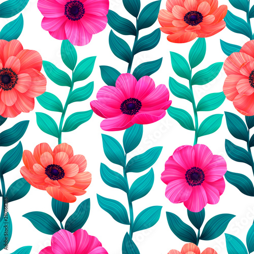 Luminous tropical seamless pattern with 3d style flowers and leaves on white ...