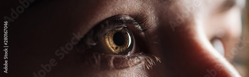 close up view of human bright eye looking away in darkness, panoramic shot photo