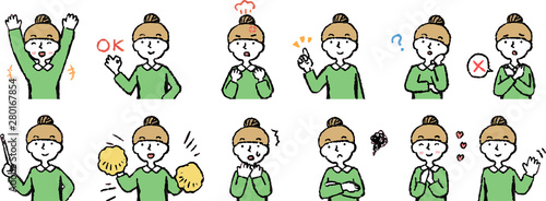 Illustration of a Upper body of woman face and pose set 3