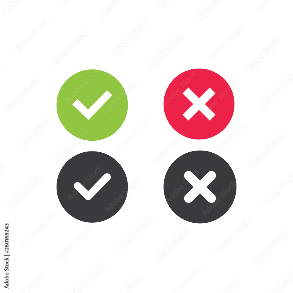 Green tick, red cross. yes or no black icon, vector. Green tick, red cross. yes or no black icon, vector.