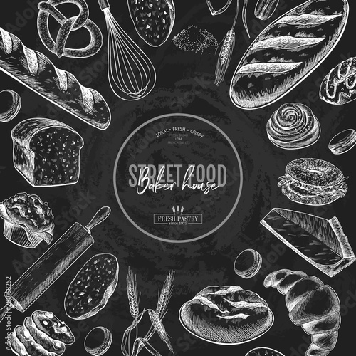 Bakery set. Hand drawn bread, loaf, croissant, pretzel, macaron, pie, baguette. Wheatl flour pastry. Chalkboard vector engraved banner. For restaurant and cafe menu, baker shop pasty sweets.
