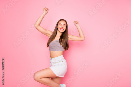 Portrait of her she nice-looking lovely feminine adorable fascinating charming cute pretty cheerful cheery straight-haired lady having fun isolated over pink pastel background #280168293