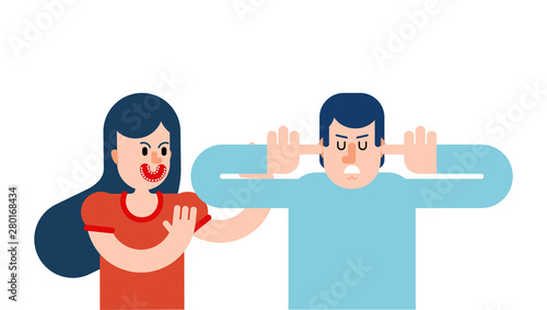 Woman screaming at man. Man covered his ears and closed his eyes. Guy does not talk. offended