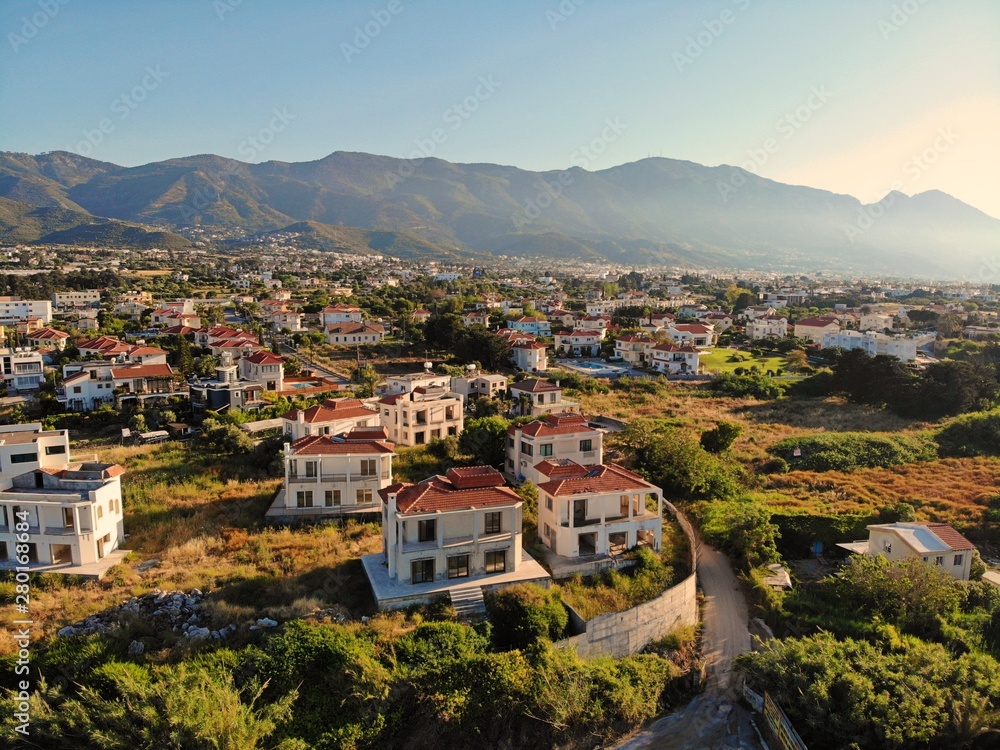 Great aerial view on Cyprus. Aerial vief from Drone. Summertime vacation, happy life. Mountains and Sea.