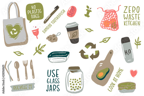 Hand drawn elements of zero waste life in vector