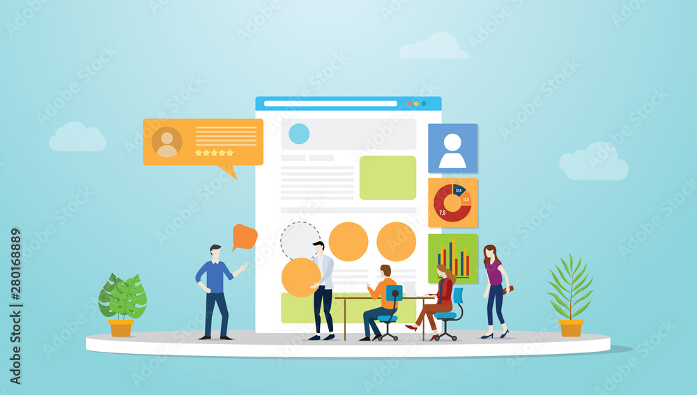 ui ux user interface and user experience design concept development with team people and browser with modern flat style - vector ui ux user interface and user experience design concept development with team people and browser with modern flat style - vector