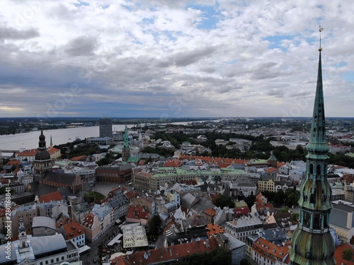 Aerial view from above on the great baltic city Riga. The capital of Latvia. One of the most beautiful and autentic city in Europe. A place you wnt to come back. Created by drone. photo