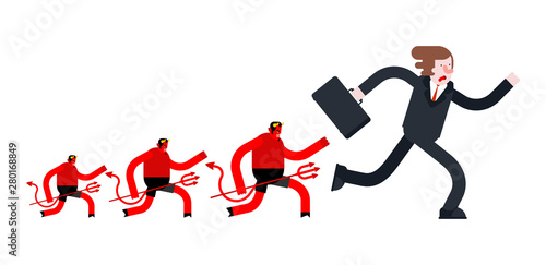 Businessman runs away from Devil. Satan is running after boss