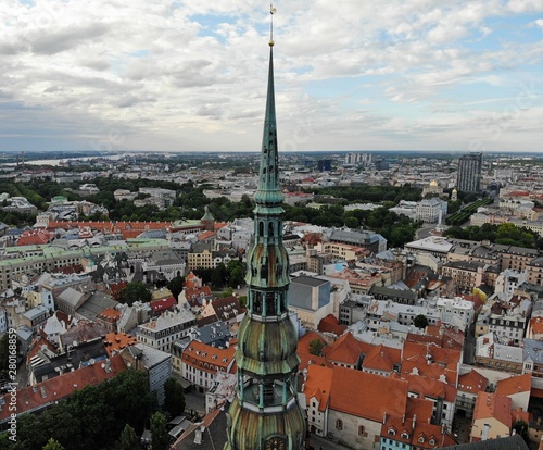 Aerial view from above on the great baltic city Riga. The capital of Latvia. One of the most beautiful and autentic city in Europe. A place you wnt to come back. Created by drone.