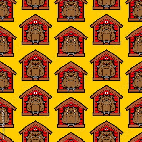 Guard dog in doghouse pattern seamless. Angry dog in kennel background