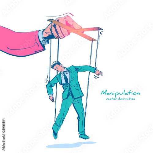 Manipulation sketch drawing. Worker on ropes. Abuse of power. Vector illustration flat cartoon. Hand of puppeteer holding a little businessman on a leash. Control workers.