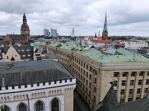 Aerial view from above on the great baltic city Riga. The capital of Latvia. One of the most beautiful and autentic city in Europe. A place you wnt to come back. Created by drone. photo