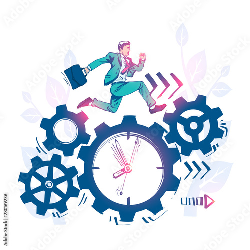Drawing sketch time management, control. Vector illustration cartoon design. Isolated on background. Businessman run along gear in form of clock. Organization of process.