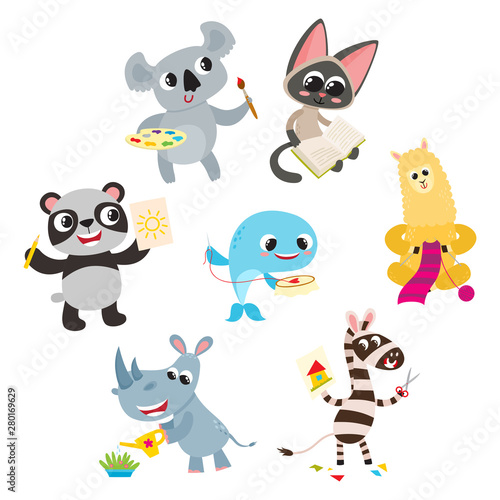 Collection of cartoon animals with hobby instrument isolated on white.