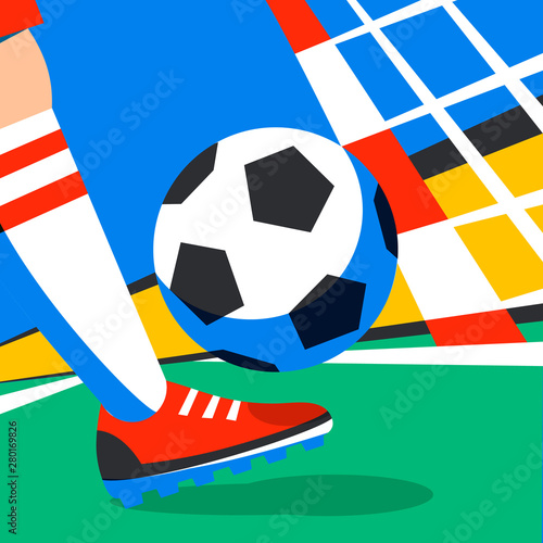 Soccer player with football ball against the background of the stadium football cup. Welcome to Russia. Football player in Russia. penalty. Fool color illustration in flat style.