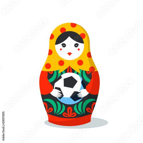 Russian Matrioshka. Russia symbol with soccer ball. Vector traditional russian nesting doll with football ball. Matroska icon