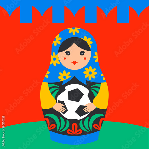 Russian Matrioshka. Russia symbol with soccer ball and kremlin wall on background. Vector traditional russian nesting doll with football ball. Matroska icon on red background.