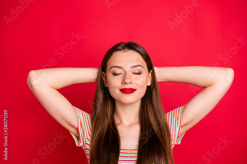 Tableau sur toile Close-up photo portrait of charming optimistic careless carefree lady having ple