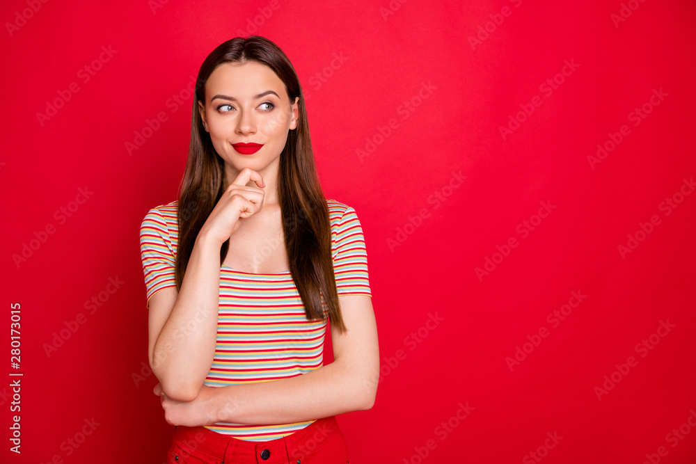 Closeup photo of pretty lady look wondered empty space wear casual outfit isolated burgundy background Closeup photo of pretty lady look wondered empty space wear casual outfit isolated burgundy background