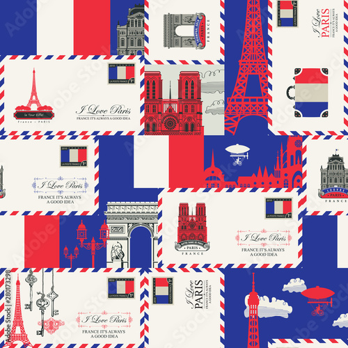 Vector seamless pattern on France and Paris theme with envelopes, French symbols, architectural landmarks and flag of French republic in retro style. Suitable for wallpaper, wrapping paper, fabric
