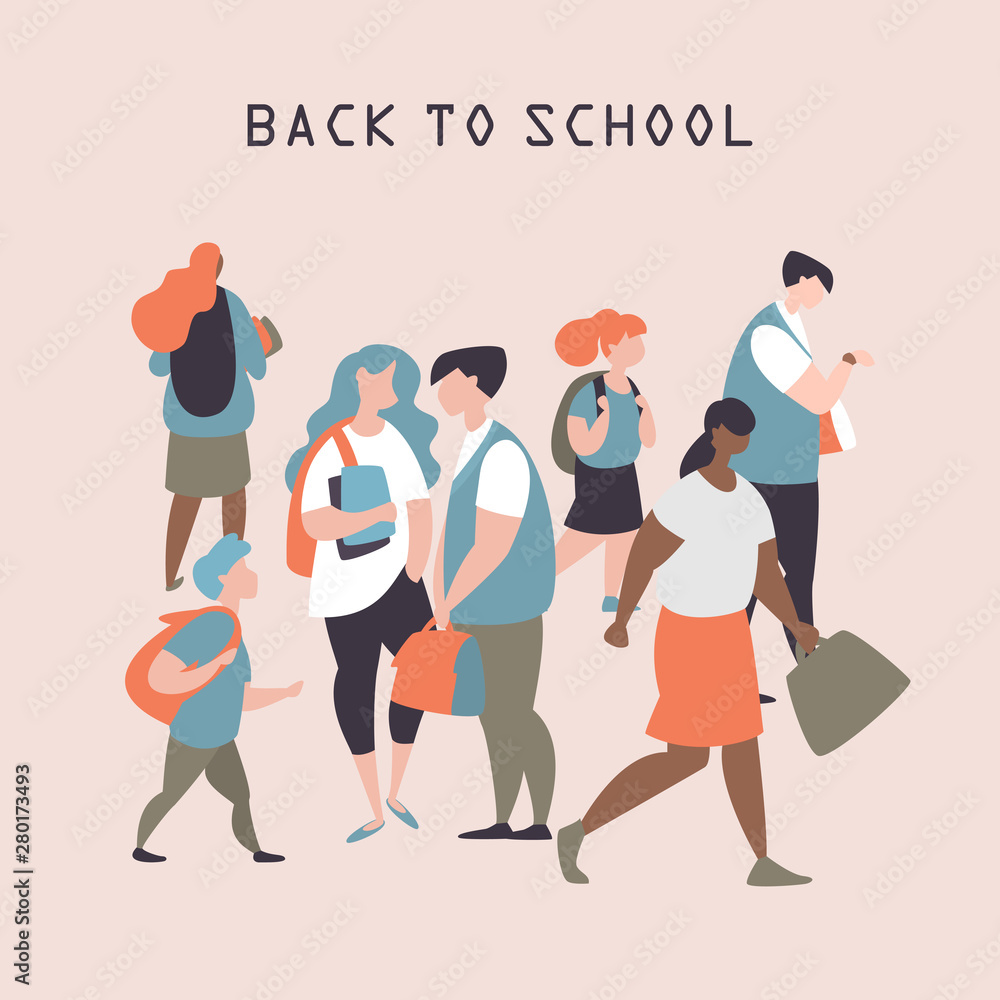 Fototapeta A group of students of different ages and multi-ethnic groups goes to school. Vector illustration with school education concept for posters, brochures, postcards