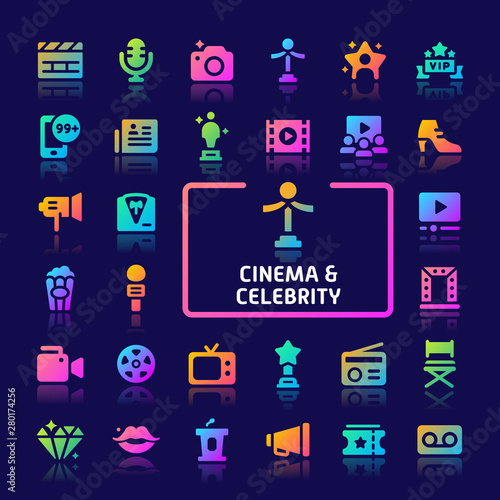 Cinema & Celebrity Gradient Vector Icon Set.