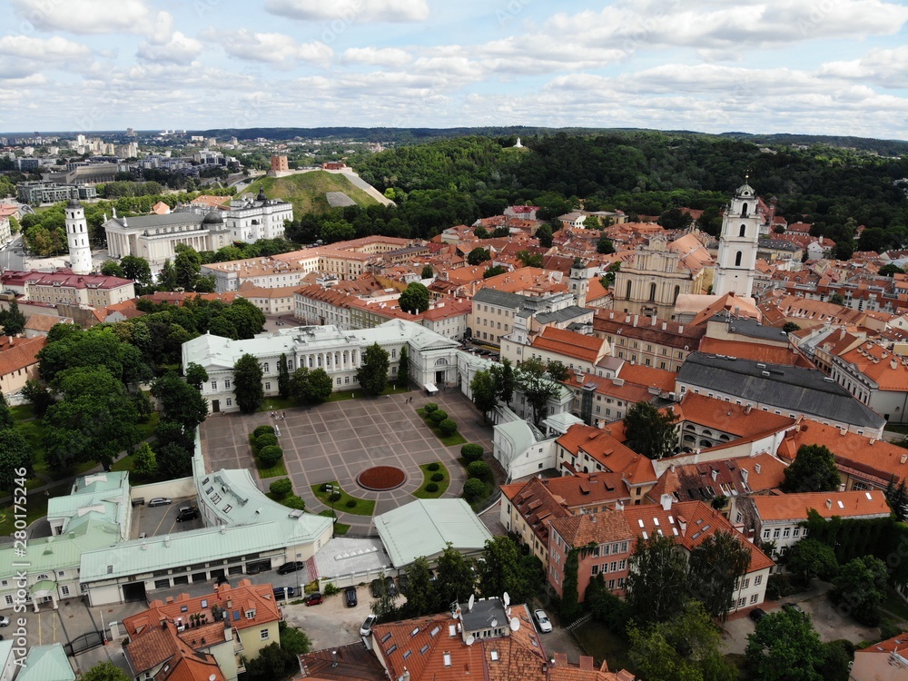 Outstanding view from Above on the beautiful and calm city Vilnus. The capital of european baltic country Lithuania. Aerial photo created by drone