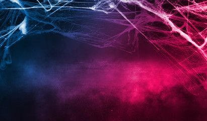 Background of empty space. Dark empty background, concrete, smoke, cobweb. Halloween background