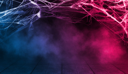 Background of empty space. Dark empty background, concrete, smoke, cobweb. Halloween background