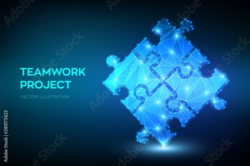 Teamwork. Puzzle elements. Team metaphor. Symbol of teamwork, cooperation, partnership, association and connection. Low polygonal puzzle pieces. Business concept of of connecting. Vector Illustration.