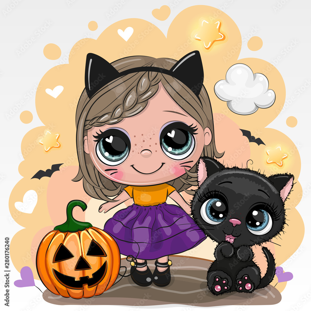 Halloween card with girl and black cat on a yellow background Halloween card with girl and black cat on a yellow background
