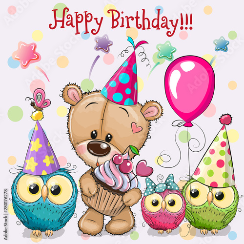 Teddy Bear and owls with balloon and bonnets