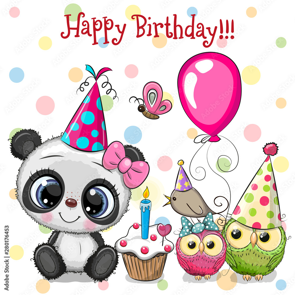 Naklejka Cute Panda and owls with balloon and bonnets
