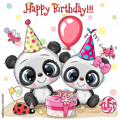 Two Cute Pandas and ladybug with balloon and bonnets