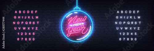 New Year 2020 neon template. Glowing neon Christmas ball and lettering for New Year 2020 celebration