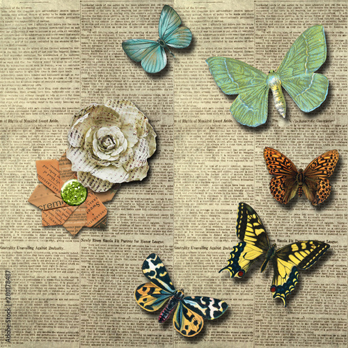 abstract background pattern newspaper paper butterflies flowers