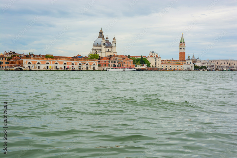 View from the Venetian Lagoon of the island on San Giorgio Maggiore, Piazza San Marco, the Doge's Palace. Venice, Italy