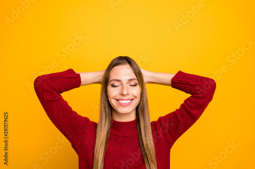 Photo of pretty lady spending weekend resting home wear knitted pullover isolated yellow background