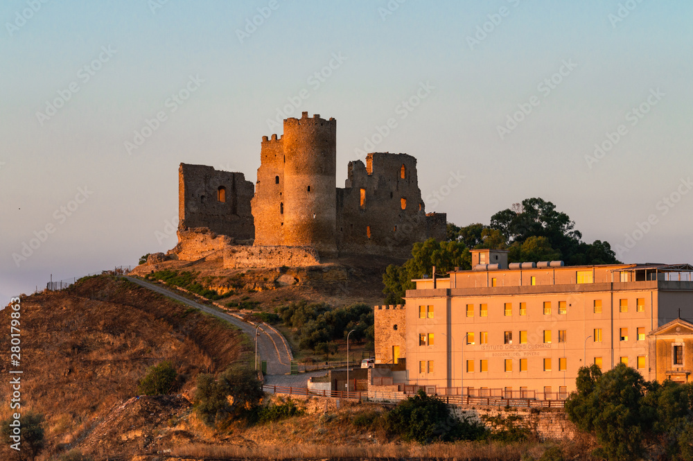 View of Mazzarino Medieval Castle with the Lights of Sunset, Caltanissetta, Sicily, Italy, Europe