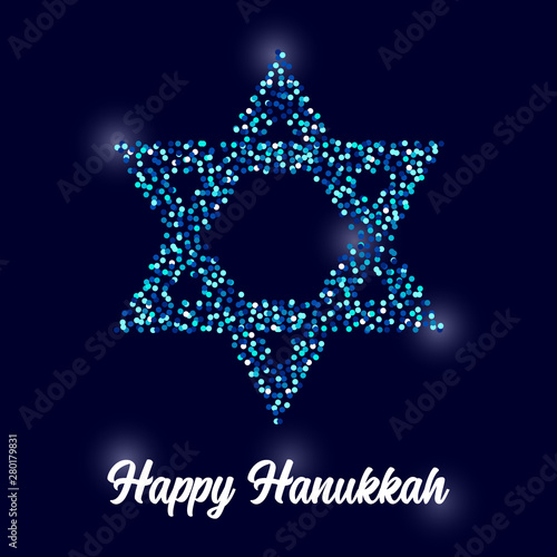 Luxury Festive Happy Hanukkah background with sparkles and glittering effect and lettering, can be used as greeting card, banner, poster or flyer design