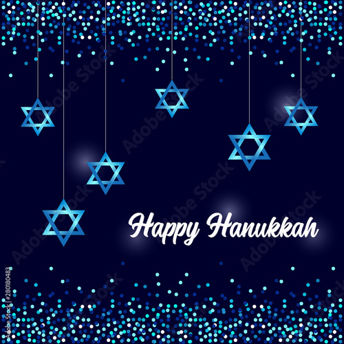 Luxury Festive Happy Hanukkah background with sparkles and glittering effect and lettering, can be used as greeting card, banner, poster or flyer design