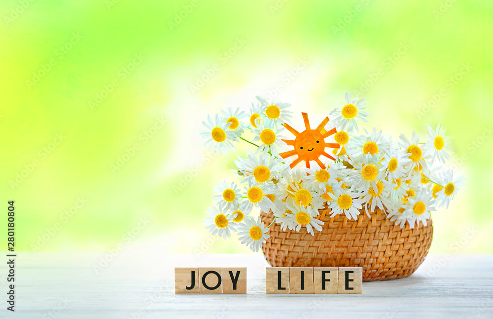 joy life inscription. beautiful composition with chamomile flowers, cute paper sun on white wooden background. Rustic background with daisies flowers. Summertime season. soft selective focus